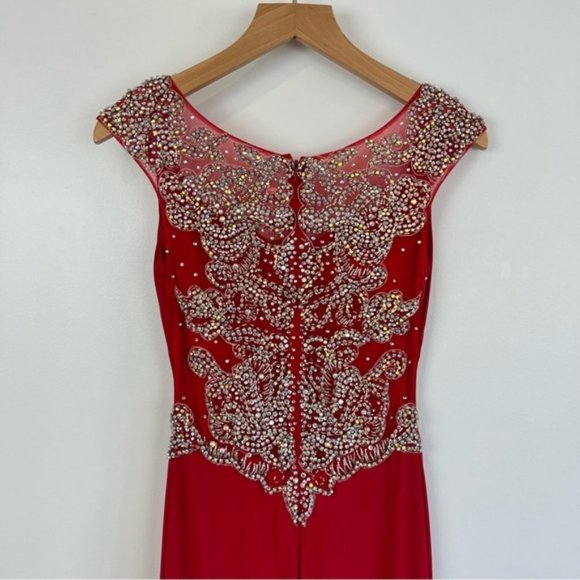 STUNNING Red Alyce Paris Formal Bedazzled Maxi Prom Dress sheer back size 00 - Picture 4 of 16